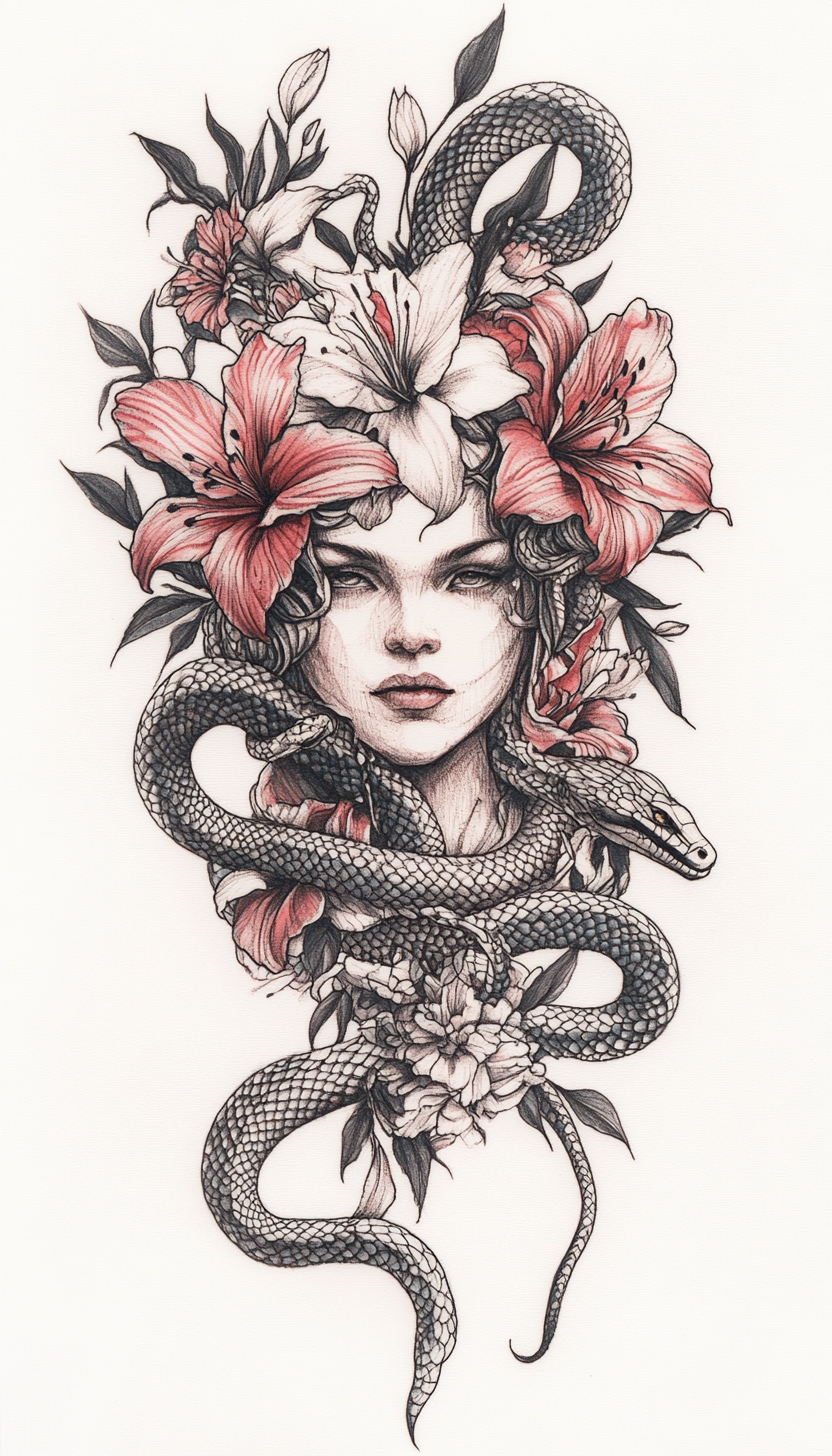 Detailed Sicilian Figure Tattoo with Flowers and Snakes