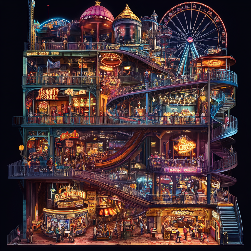 Detailed illustration of vibrant mega amusement park