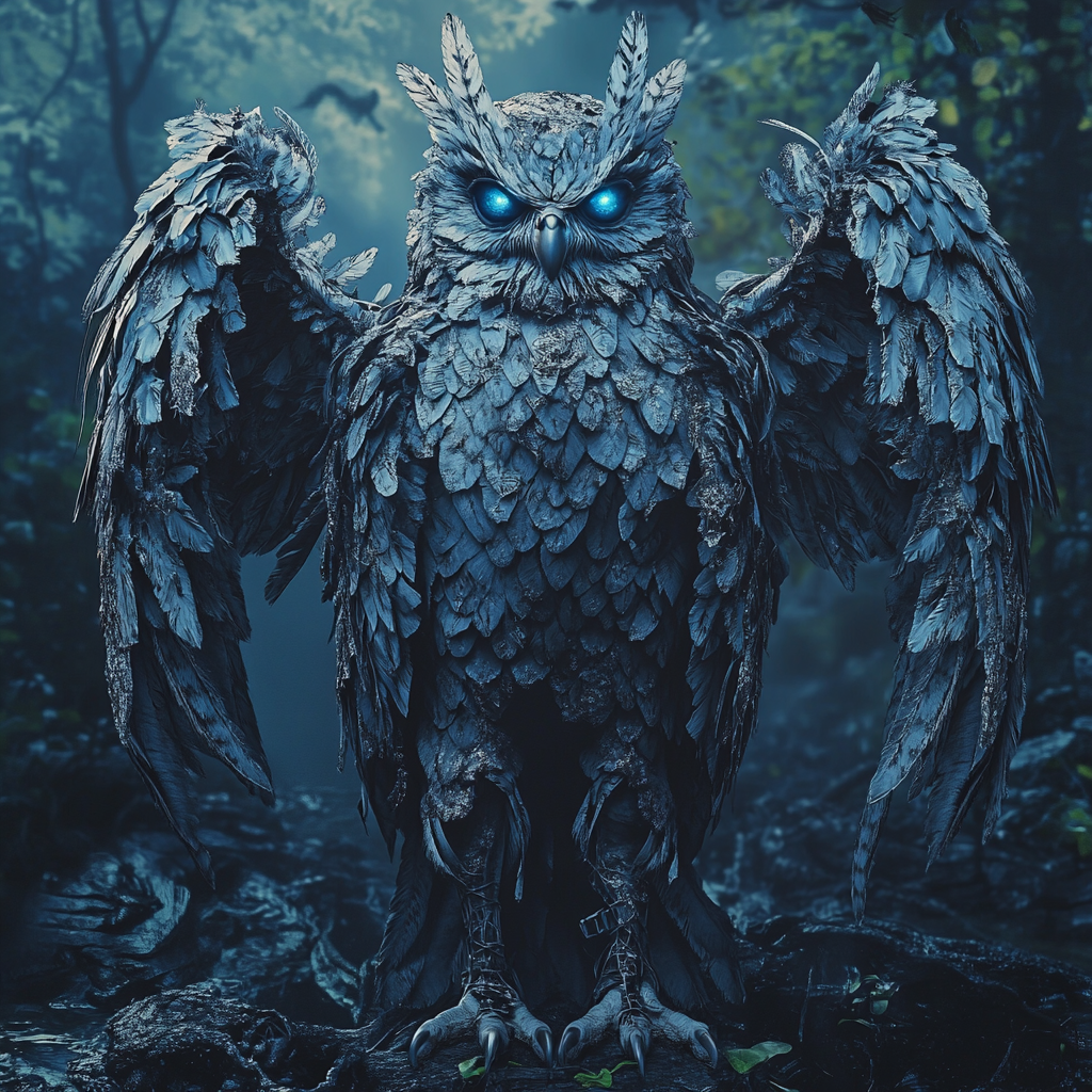 Detailed illustration of zombie owl in swamp