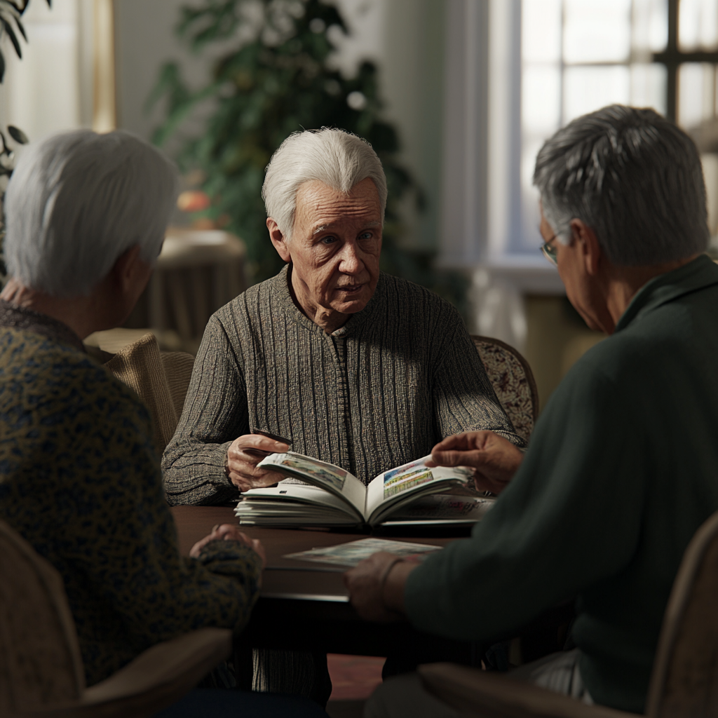 Detailed image of elderly care home residents interacting.