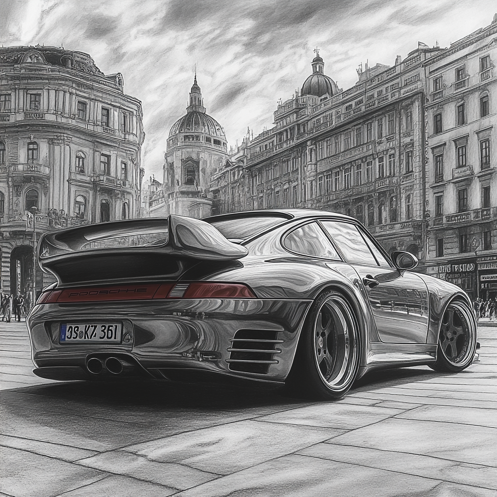 Detailed pencil drawing of realistic Porsche 993 Turbo