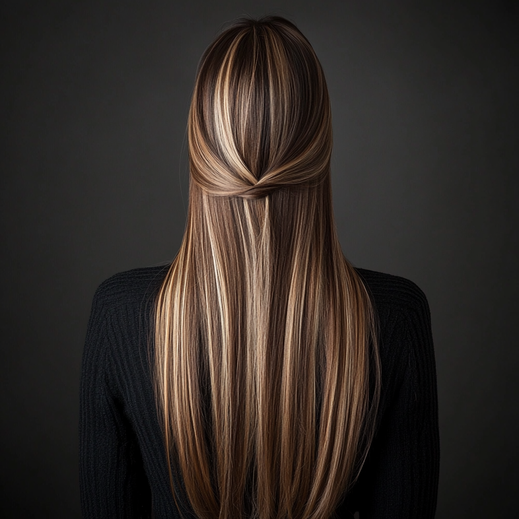 Detailed photo of long, styled hairstyle with highlights