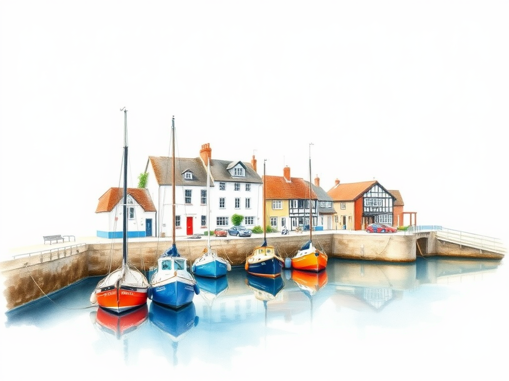 Detailed watercolor of British seaside harbor on white background.