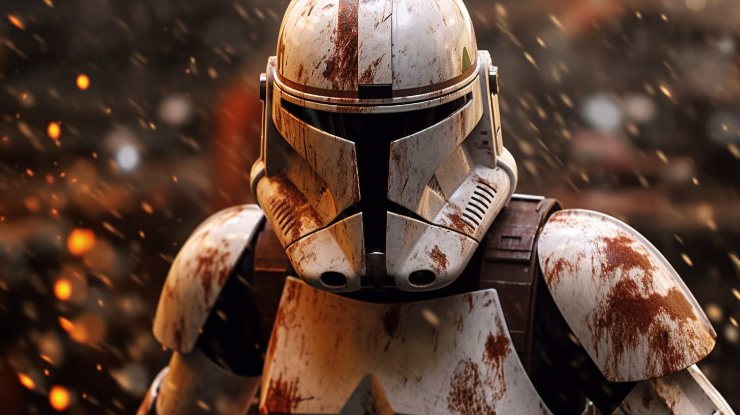 Determined Clone Trooper in Battle-Worn Armor Faces Camera