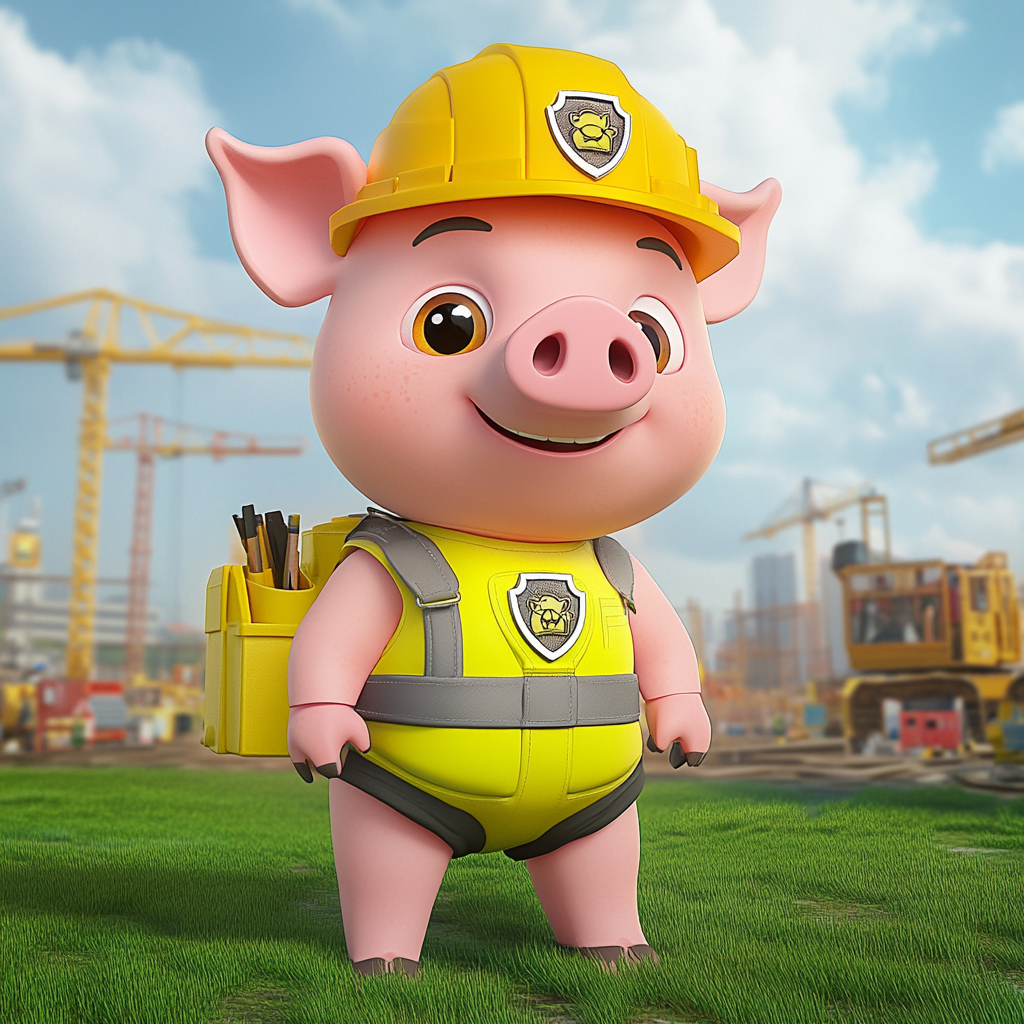 Determined pig with construction outfit ready for action.