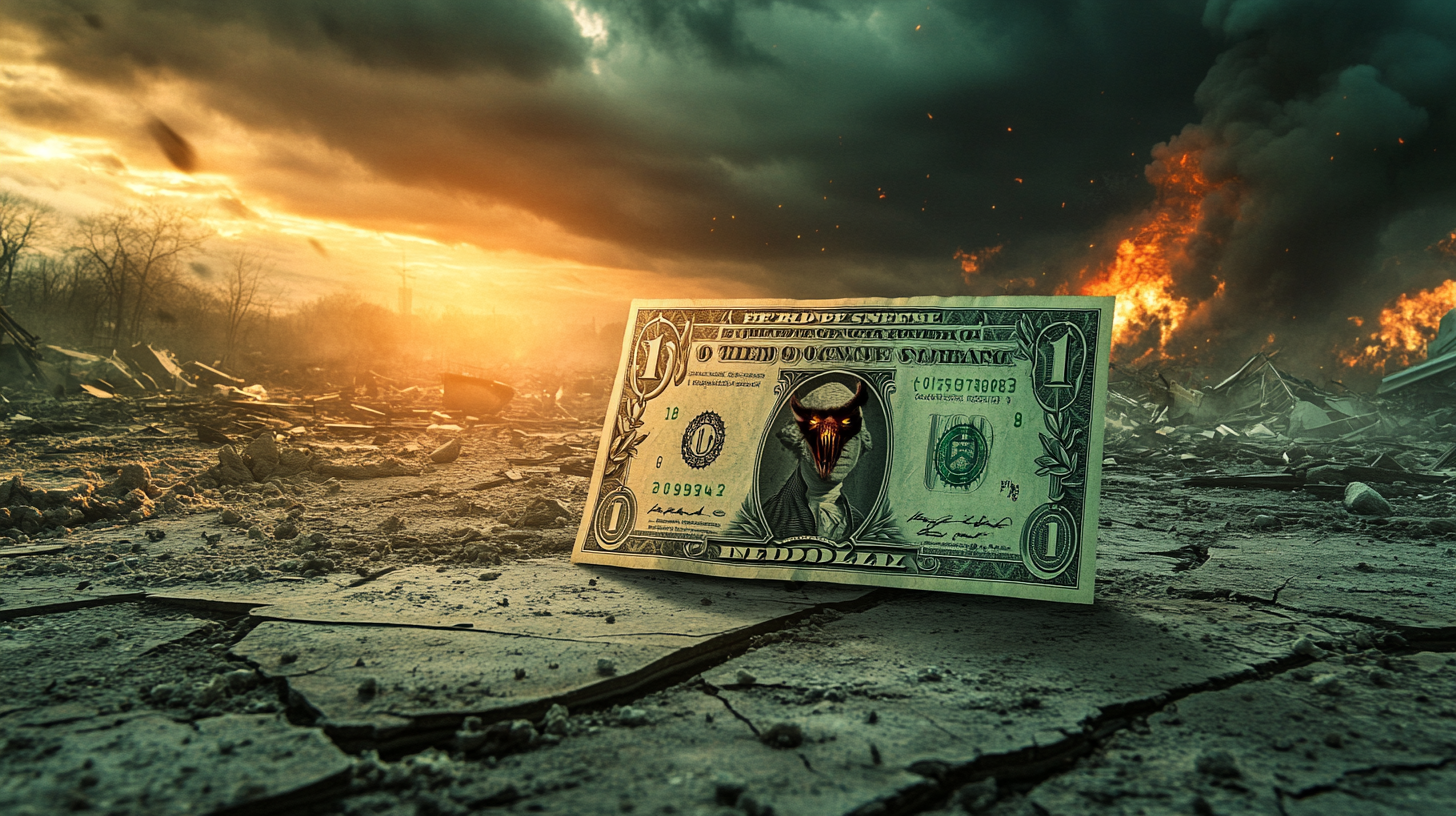 Devil's Head Dollar Bill in Ruined Landscape.