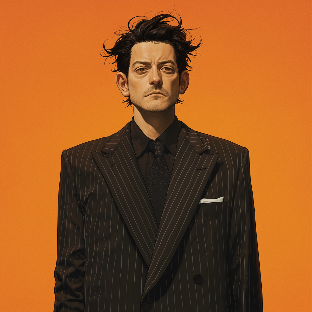 Diego Luna in black Zoot Suit Anime style