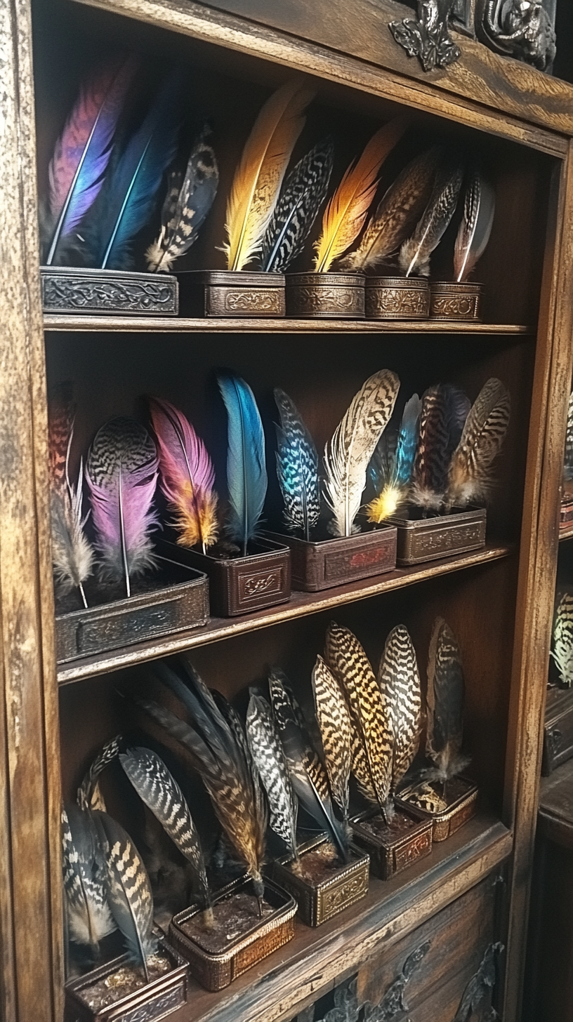 Different animals' magical feathers displayed on shelf