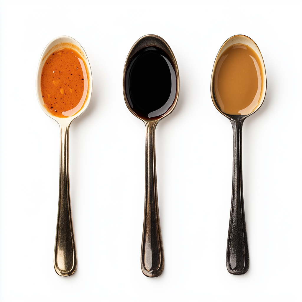 Different sauced spoons on white background