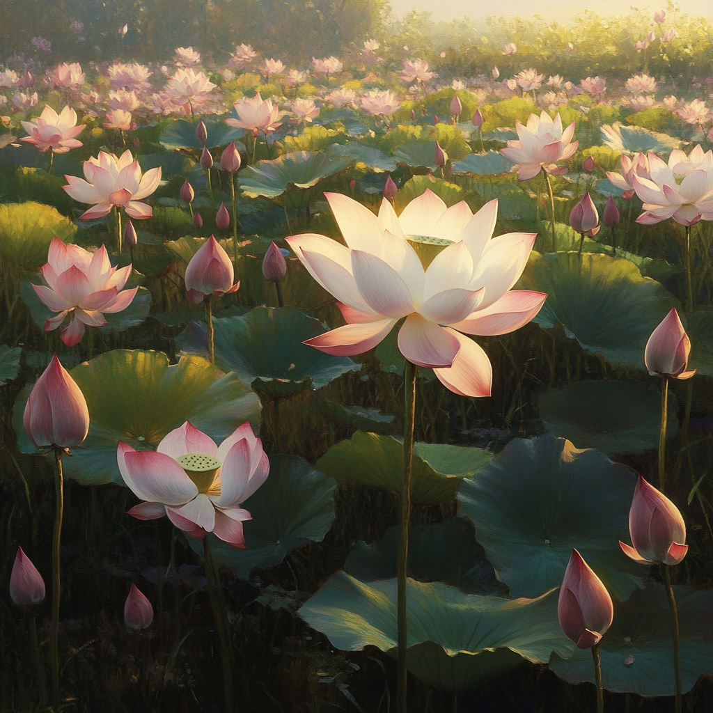 Dignified lotus flower stands tall in sunlight.