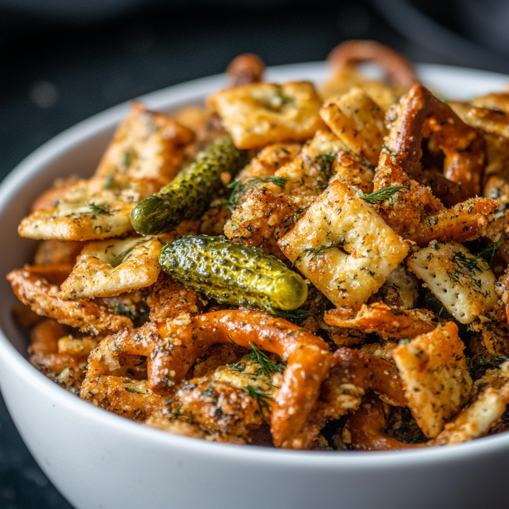 Dill Pickle Chex Mix in White Bowl