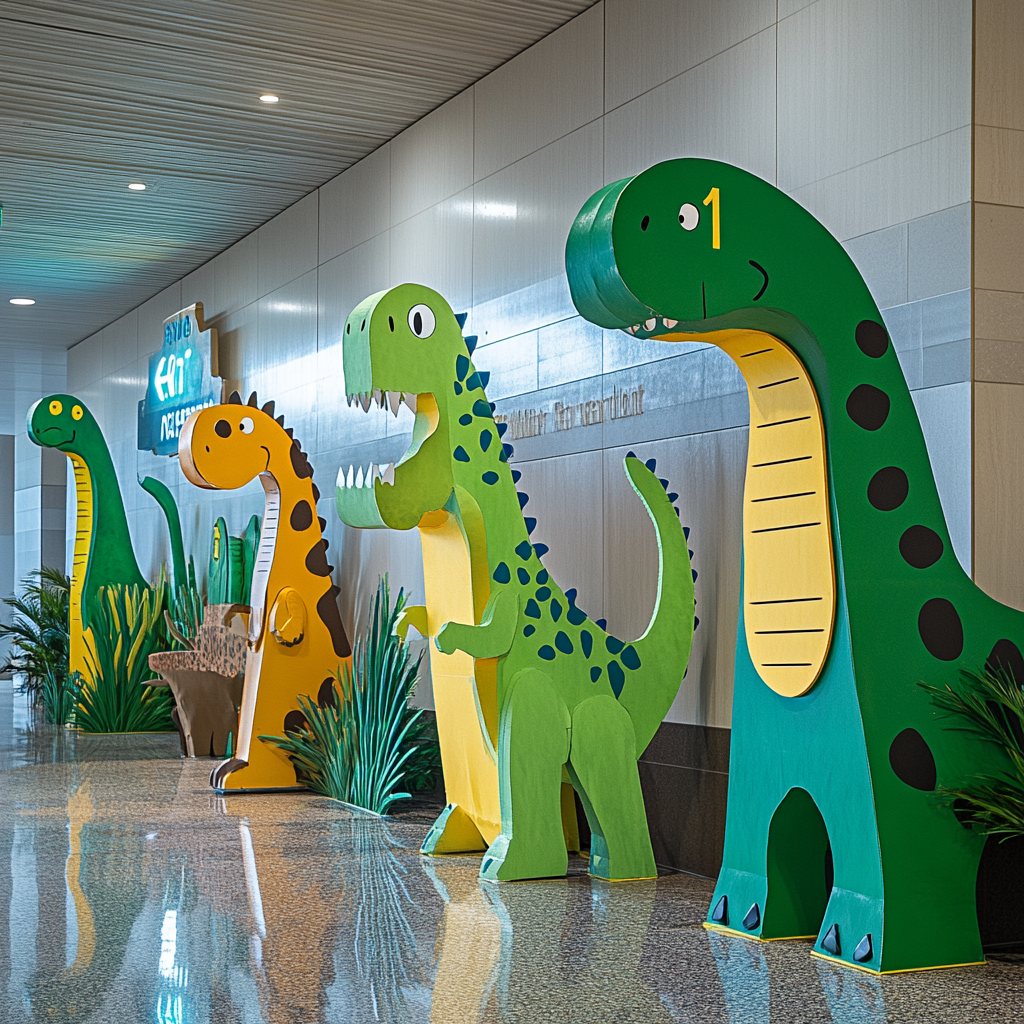 Dinosaur-shaped signs guide at Austin Center with colors