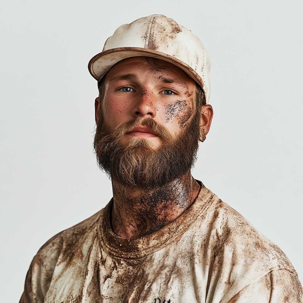 Dirty faced man in streetwear poses for photo