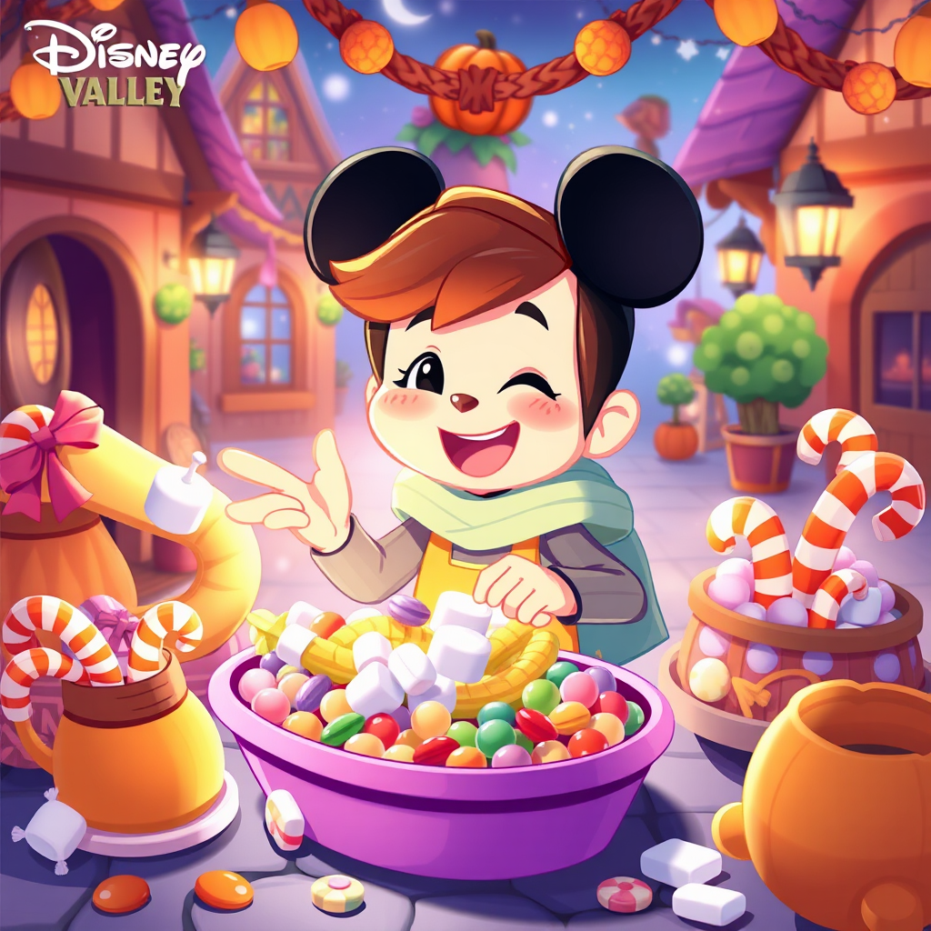 Disney character completes Sugar Rush task in candy village.