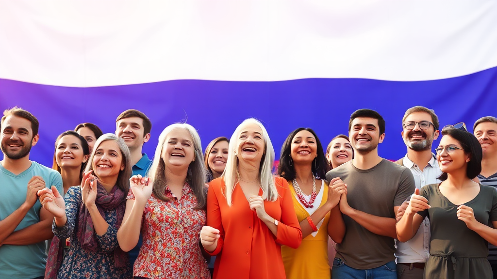 Diverse People Holding Hands in Front of Russian Flag