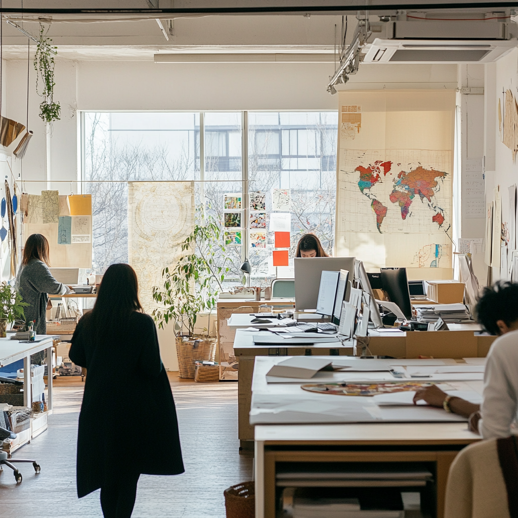 Diverse designers work in global-themed studio with artifacts.