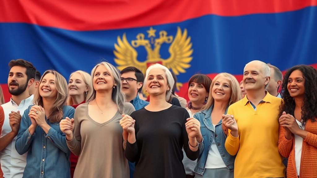 Diverse people holding hands in front of Russian flag.