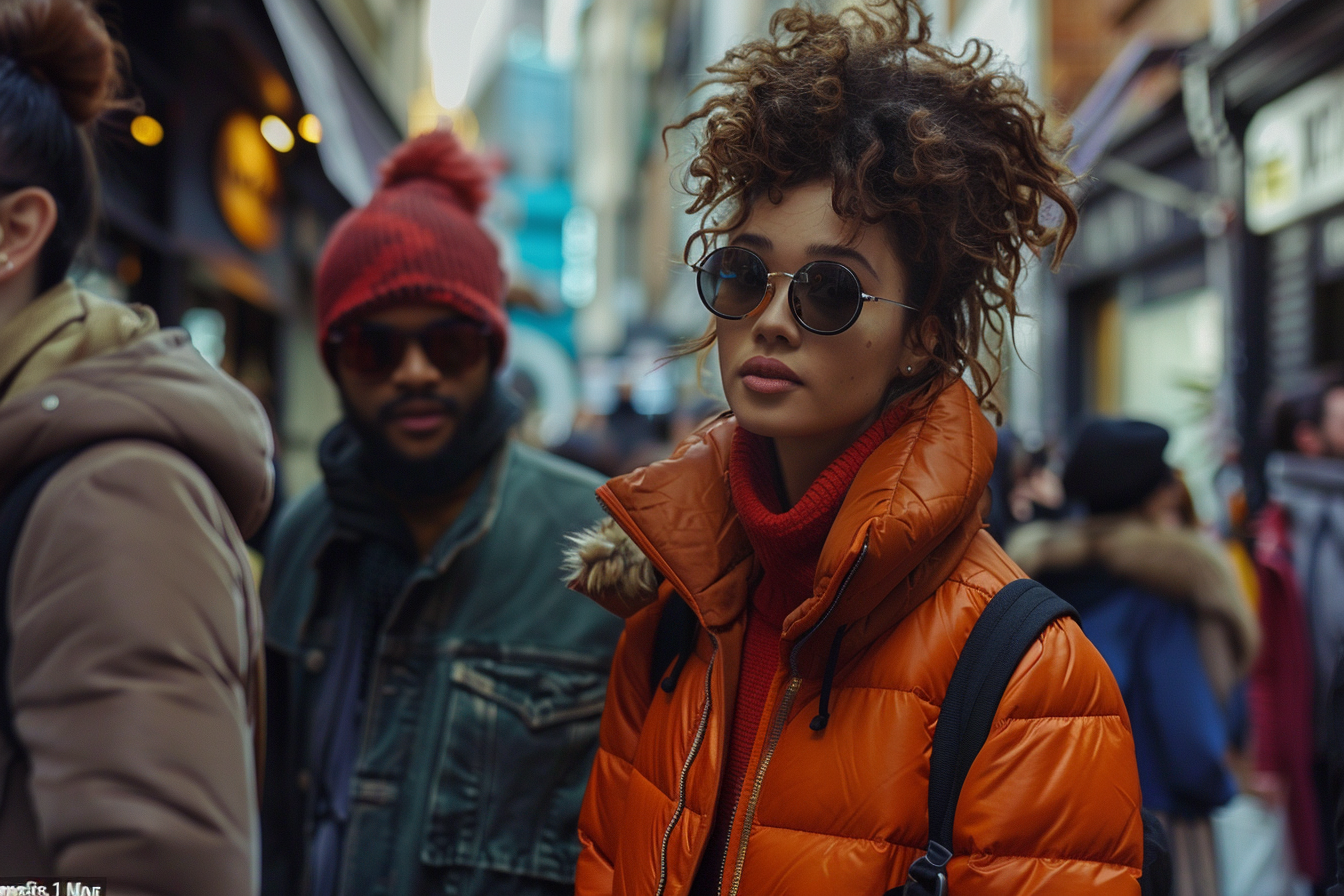 Diverse people walking in trendy urban fashion scene