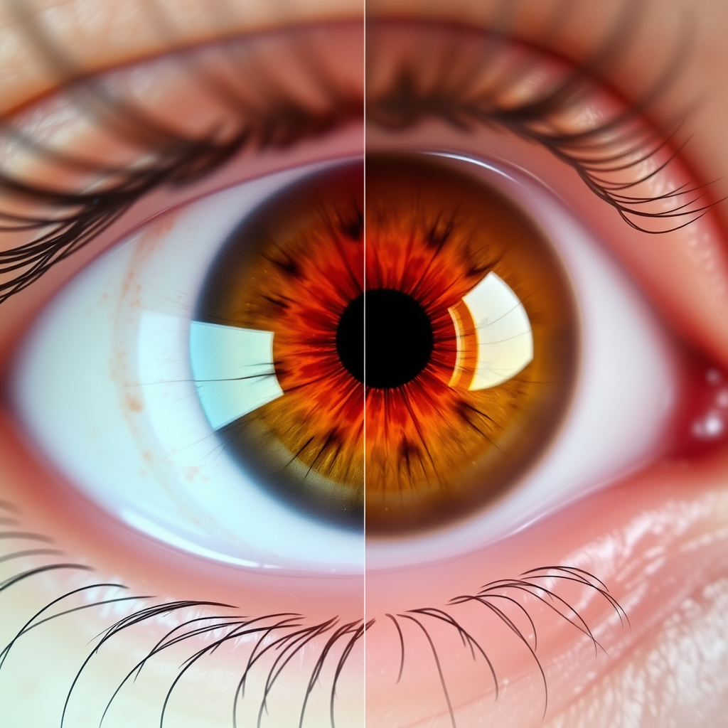 Divided Eyeball: Red Capillaries and Healthy Side