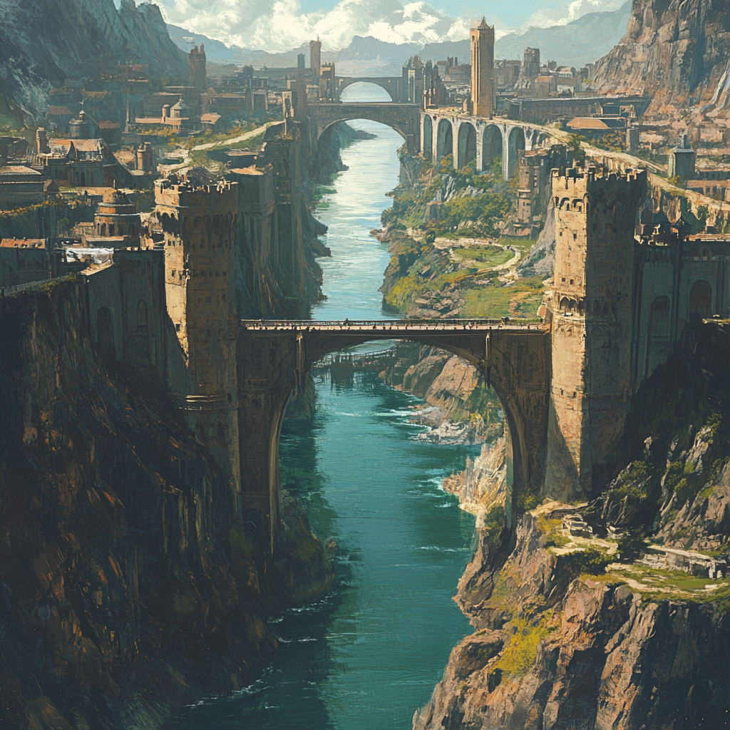 DnD art with river, cities, castles, ballistas, bridge.