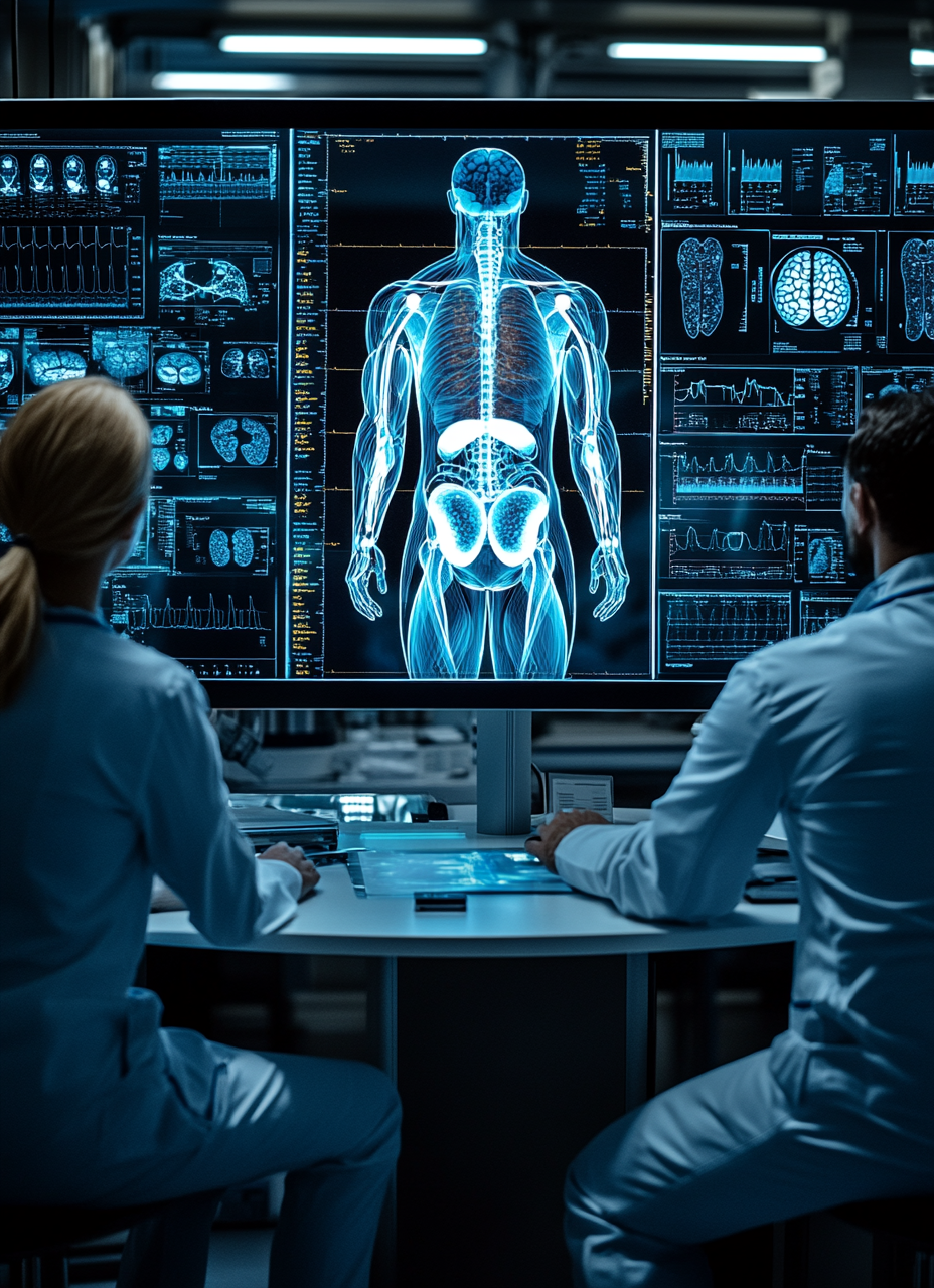 Doctors studying large hologram of human body