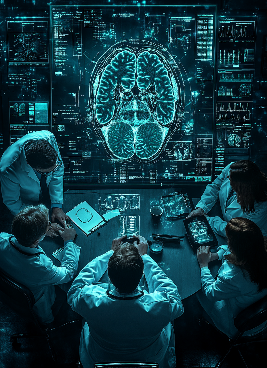 Doctors studying large holographic body at round table