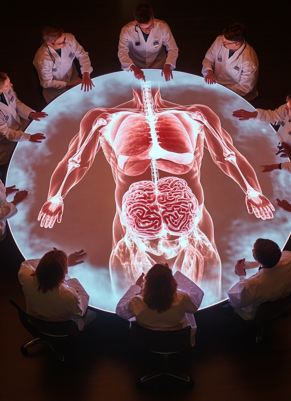 Doctors studying large human hologram at round table