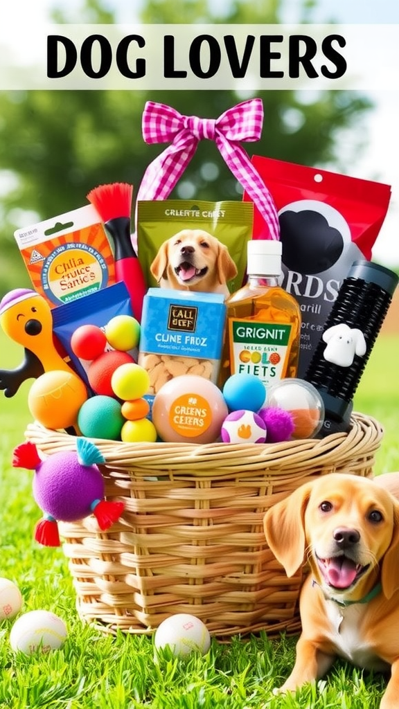 Dog Lovers Basket with colorful toys and treats.