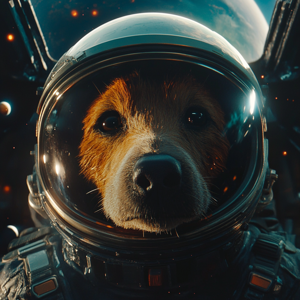 Dog astronaut in space suit with planets