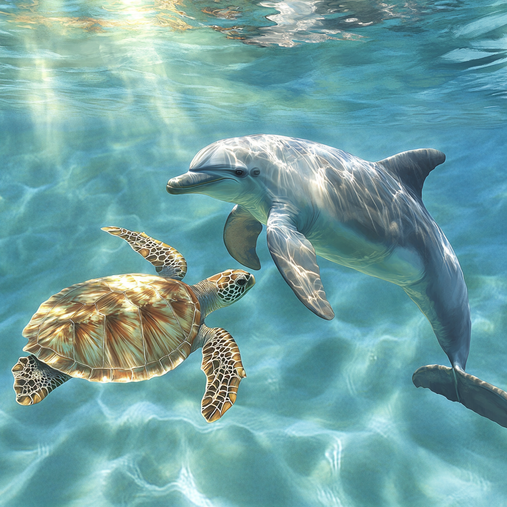 Dolphin and Sea Turtle Swim Together in Clear Water