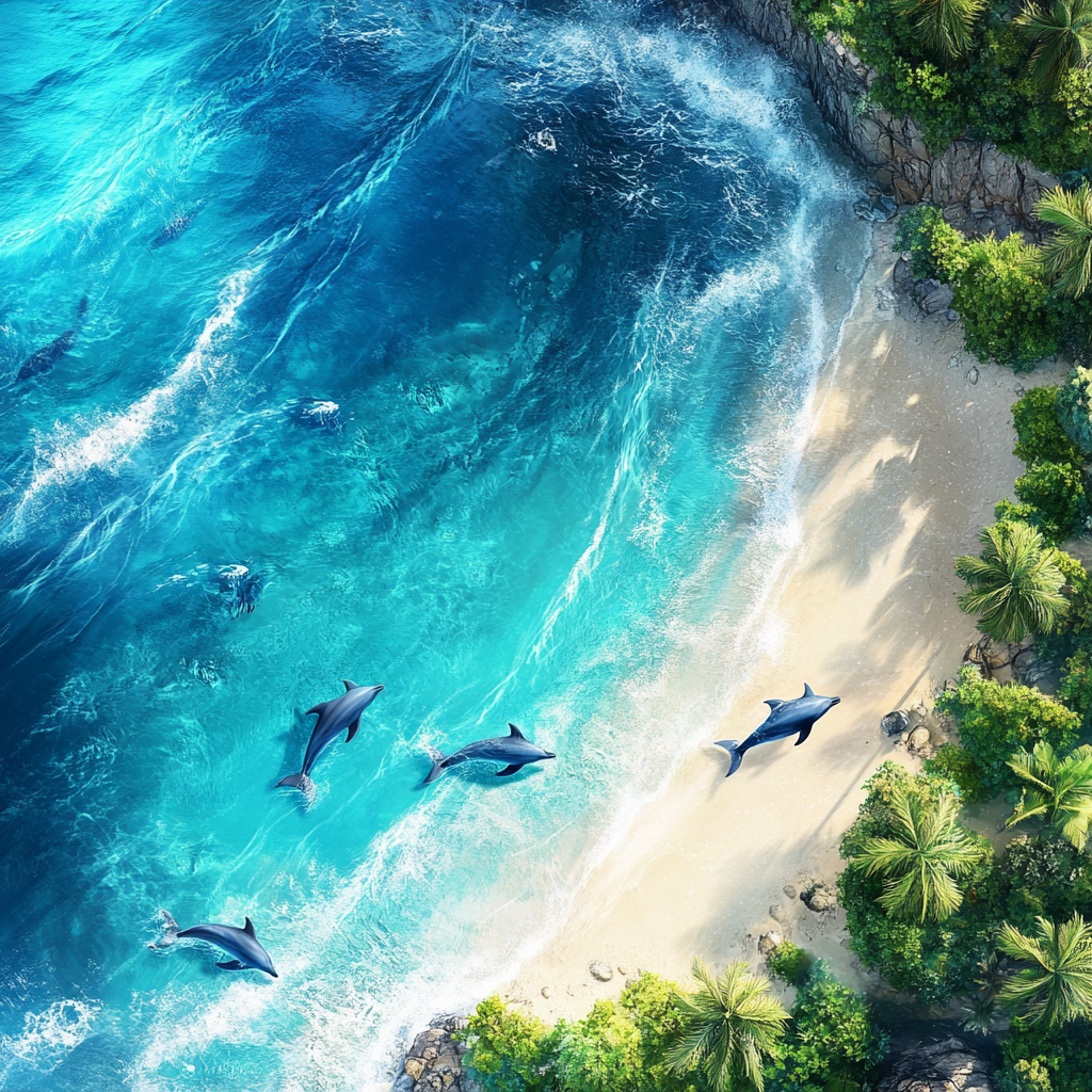 Dolphins playing in azure ocean by tropical island.