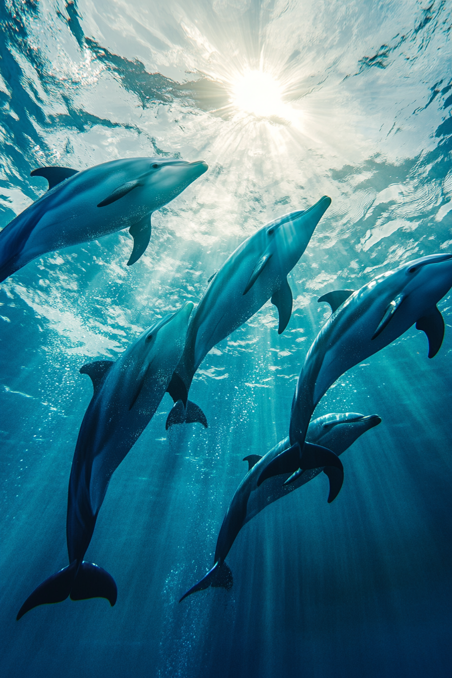 Dolphins swimming in bright turquoise sea with sun rays