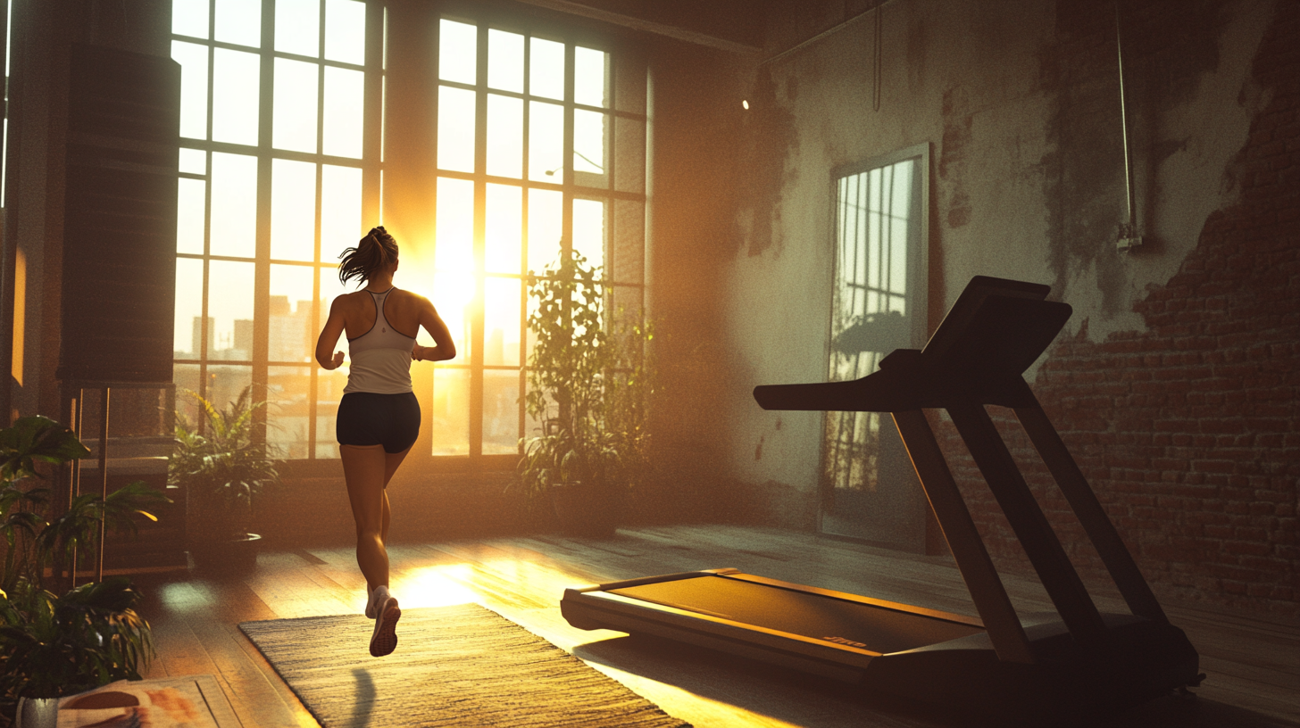 Downtown loft setting with mom running on treadmill.