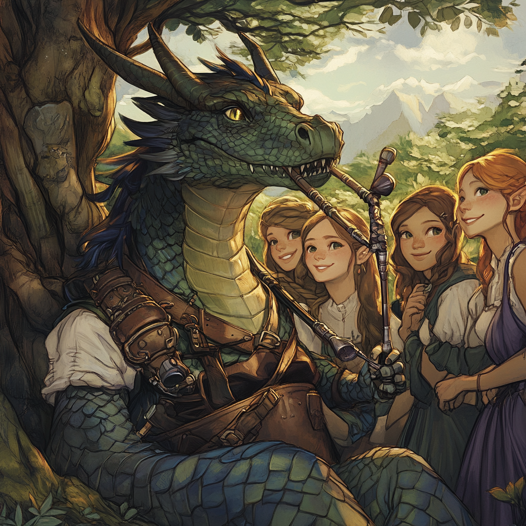 Dragon Bard playing bagpipes for admiring maidens