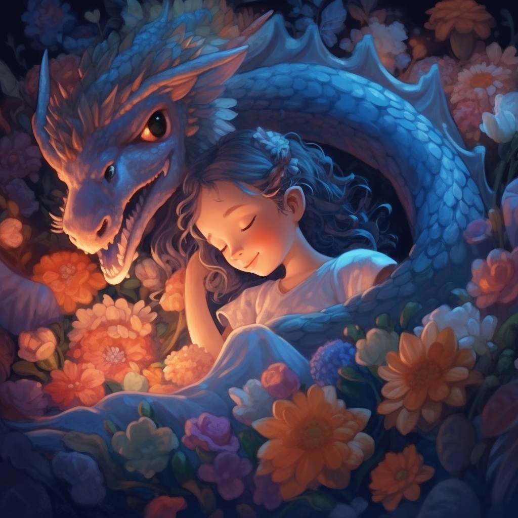 Dragon protecting girl sleeping in flower bed