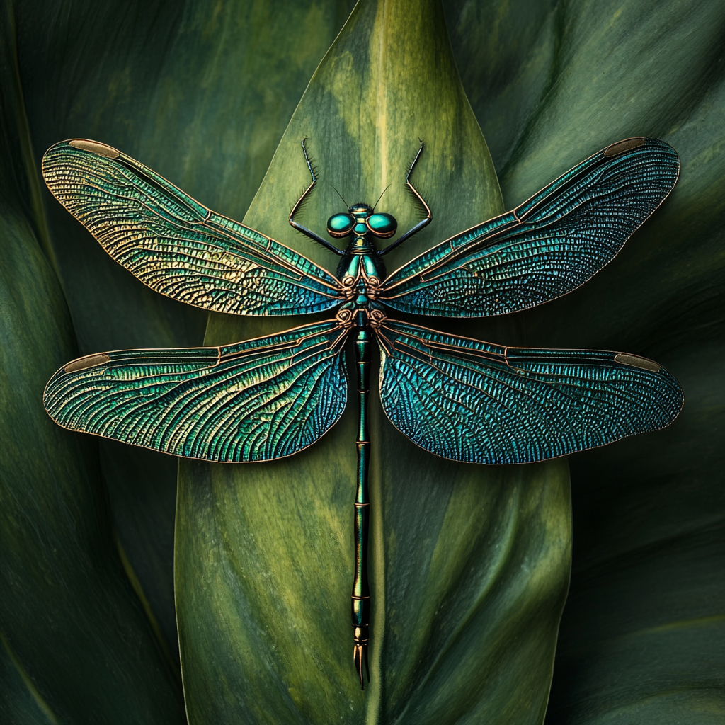 Dragonfly on Leaf: Realistic Macro Photography Image