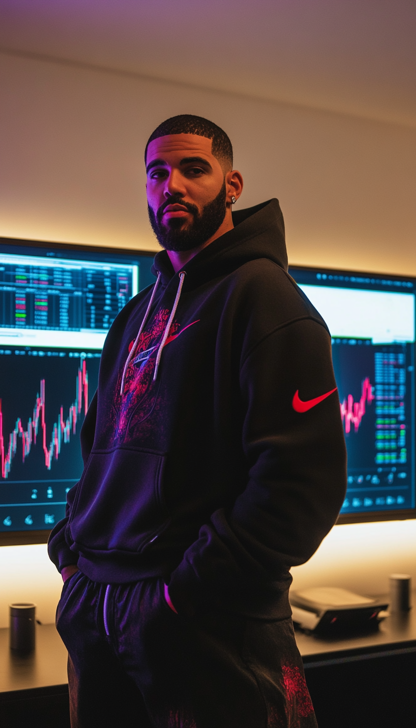 Drake in Nike hoodie with urban style, forex charts.