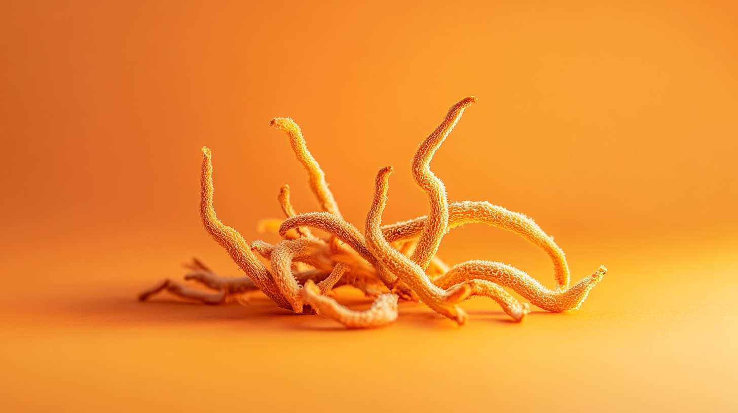 Cordyceps in Sharp Lighting on Orange Backdrop