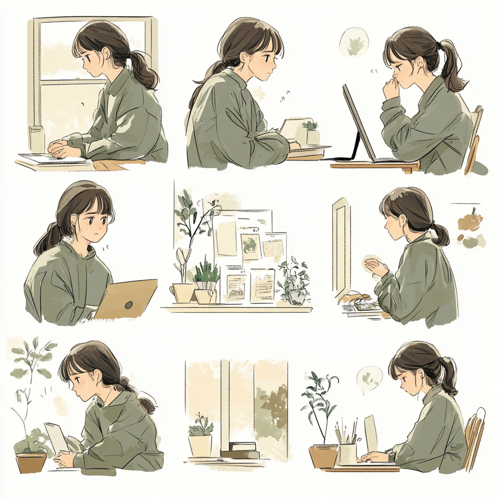 Draw calm, delicate illustrations of Japanese woman studying.