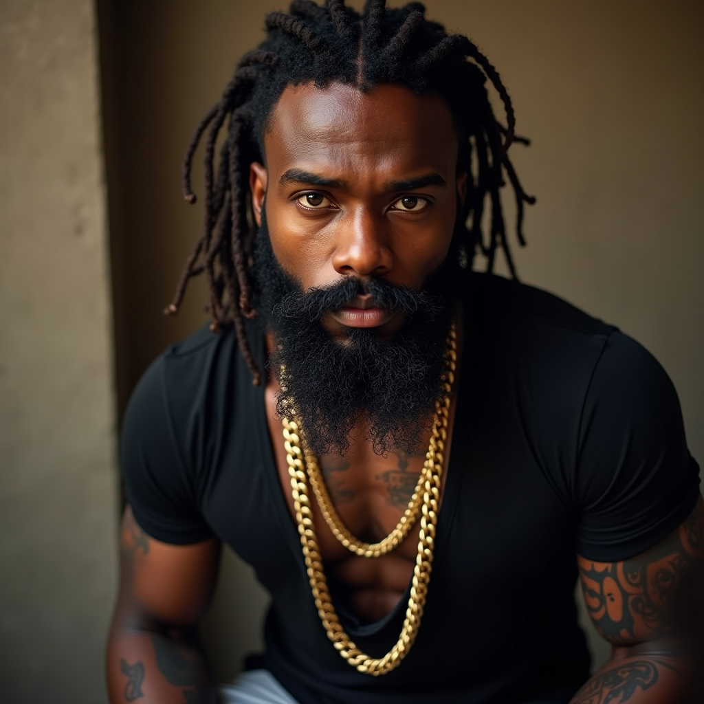 Dreadlocked Muscular Man with Necklace and Tattoos