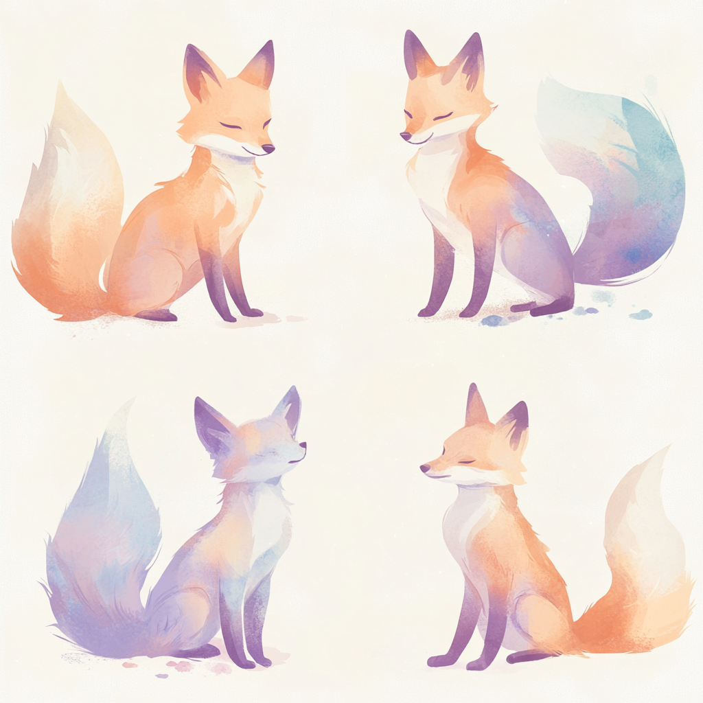 Dreamlike pastel foxes with elegant forms and textures.