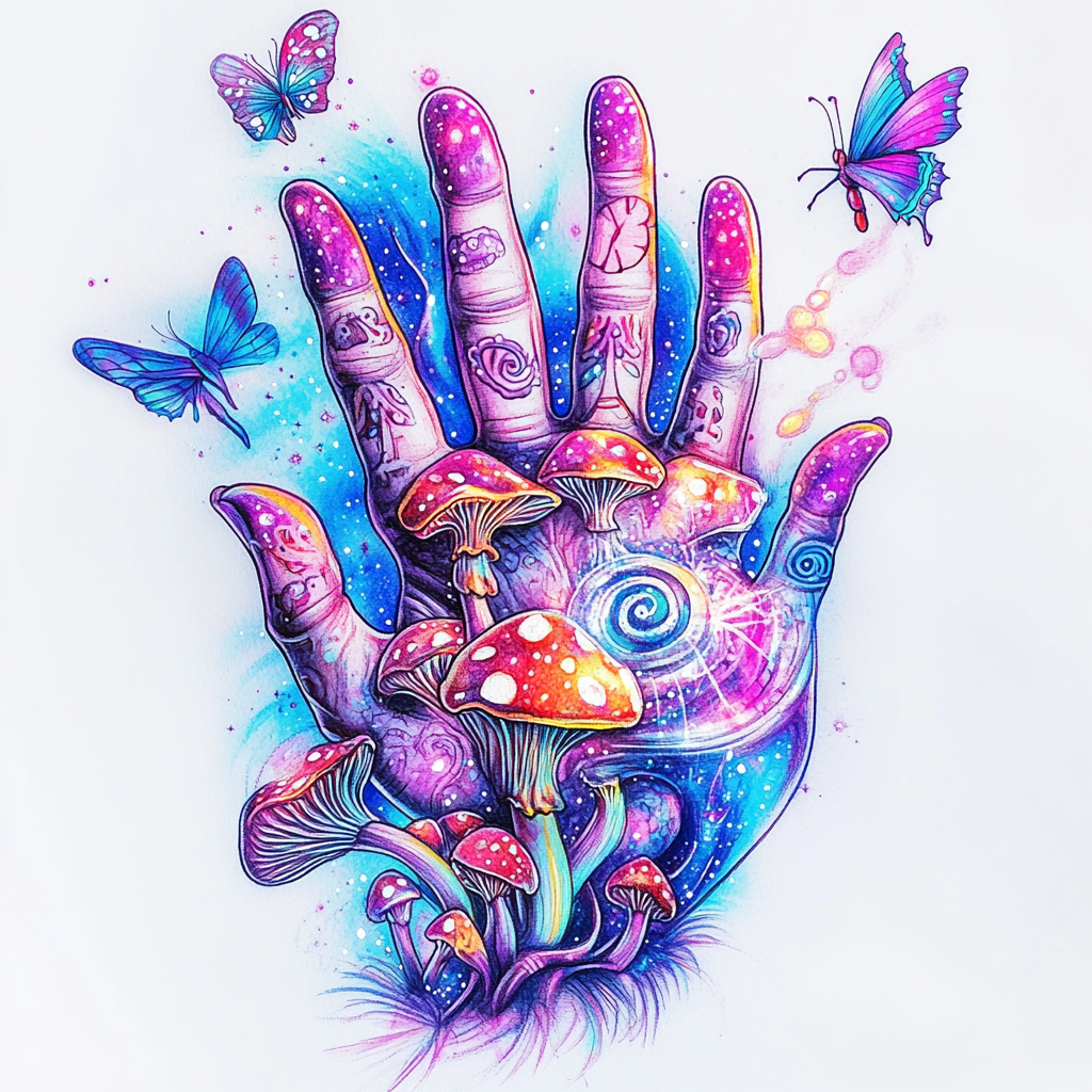 Dreamy, surreal hand with neon mushrooms and butterflies