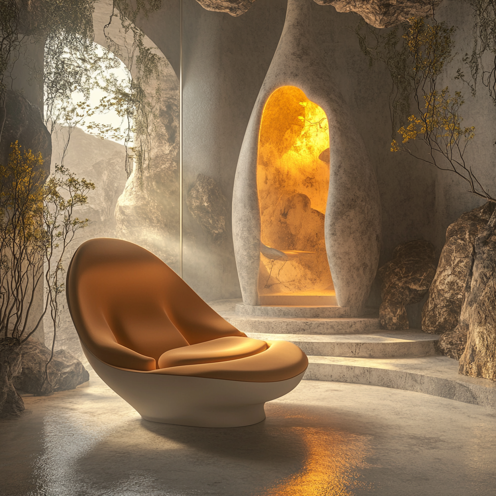 Dreamy furniture and walls with surreal shapes.