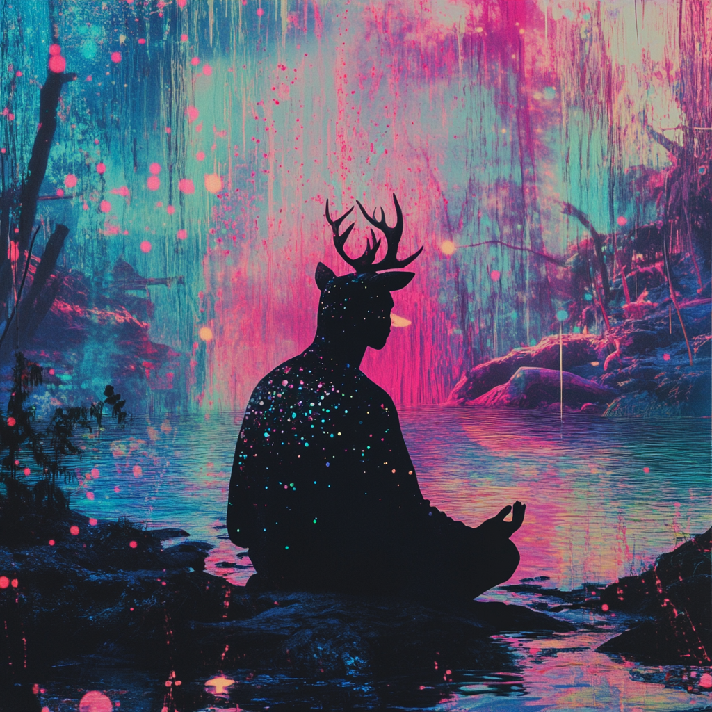 Dreamy illustration of meditating animal in iridescent colors.