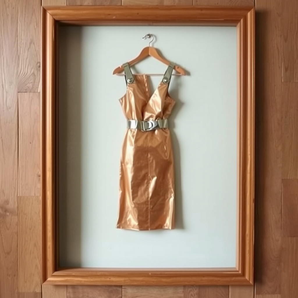 Dress in copper hangs on wall frame.