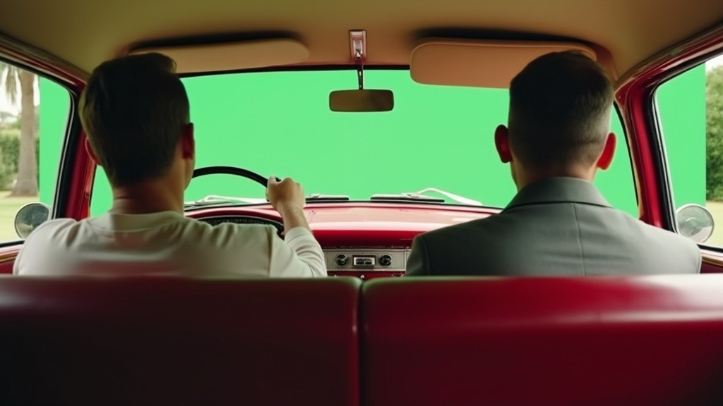 Driver in 1950's car with green screen windows