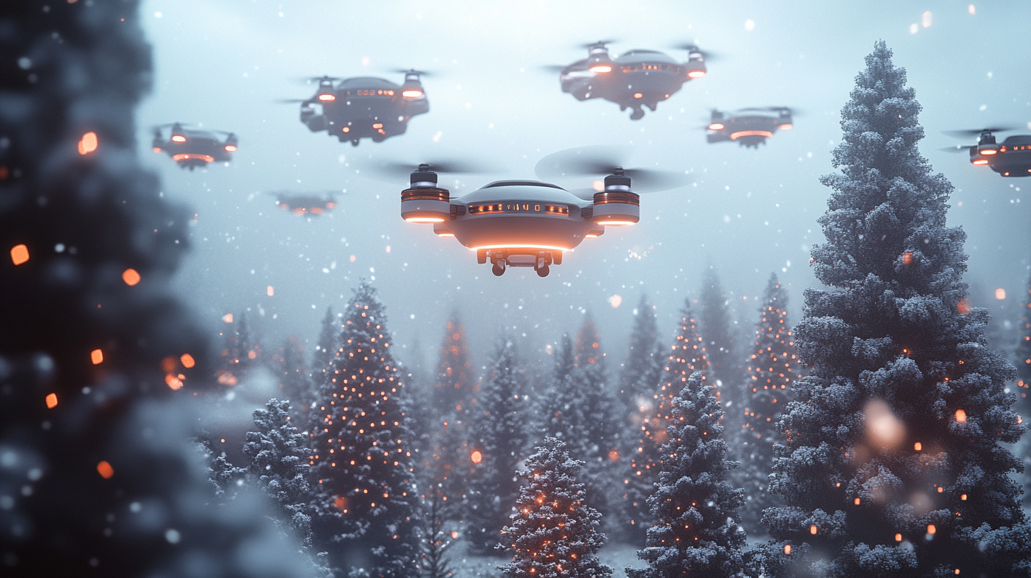 Drone Delivering Christmas Gift in Snowy Mountain Town