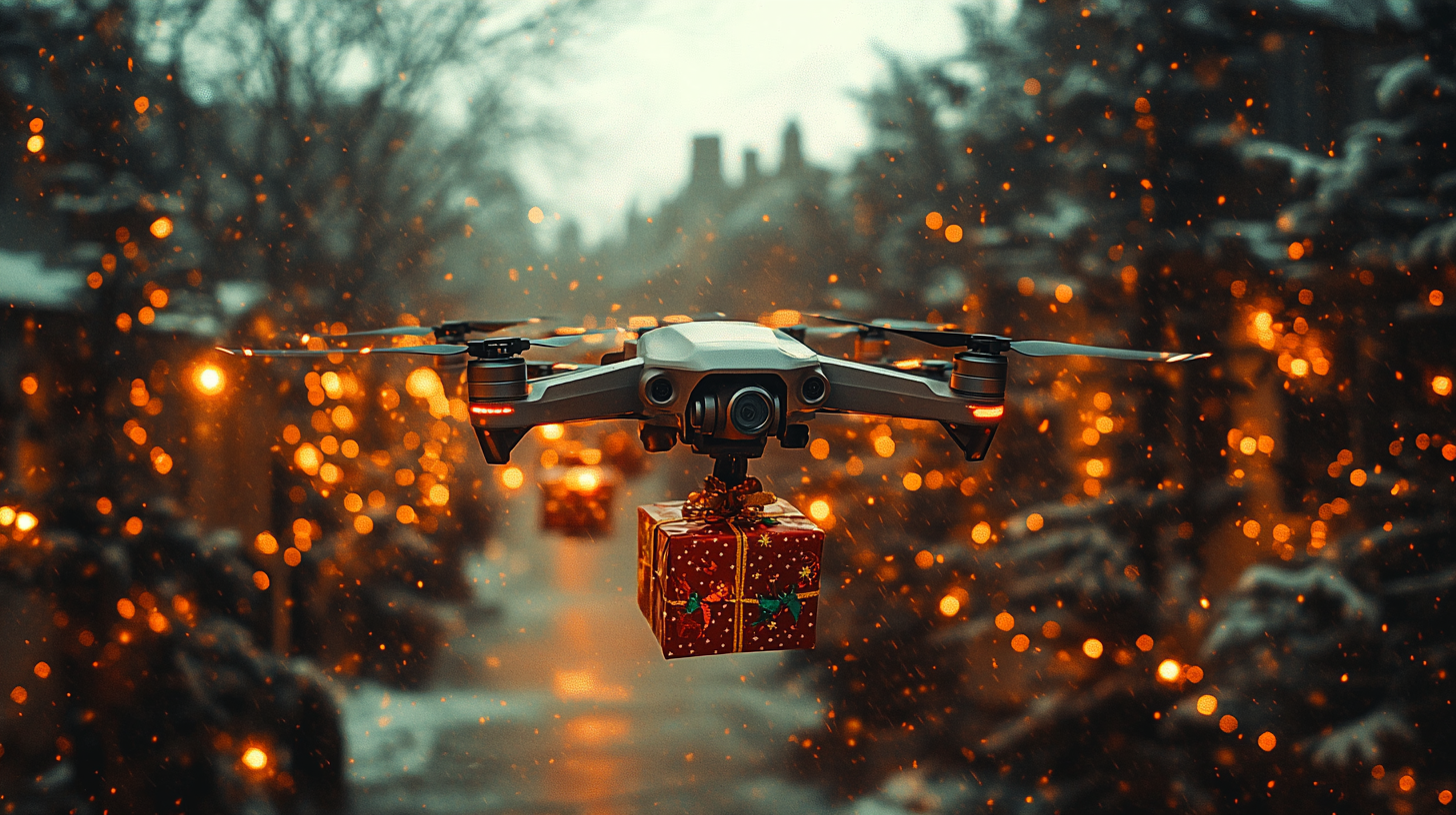 Drone Delivering Christmas Gifts in Snowy Town