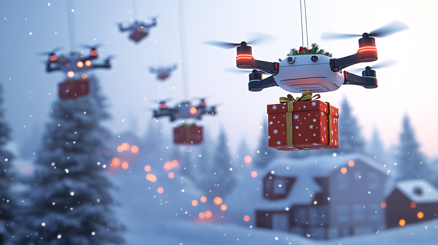 Drone Delivering Presents in Snowy Mountain Town