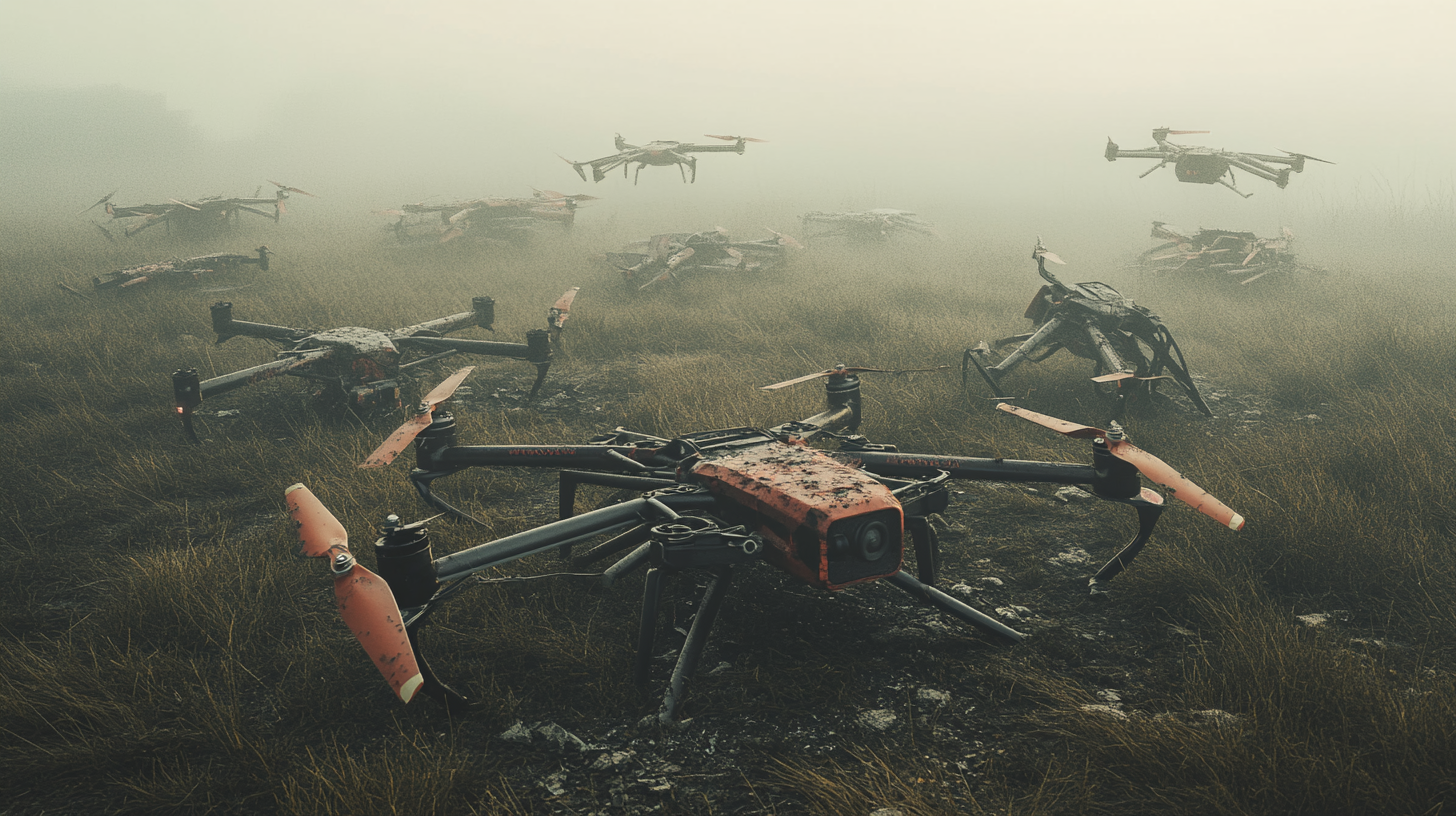 Drone graveyard with crashed quadrotors in fog